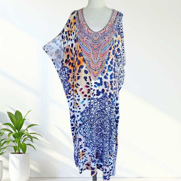 ELLEN TRACEY Long Caftan Dress Small/Medium Loungewear Boho Animal Print Maxi - Picture 1 of 10